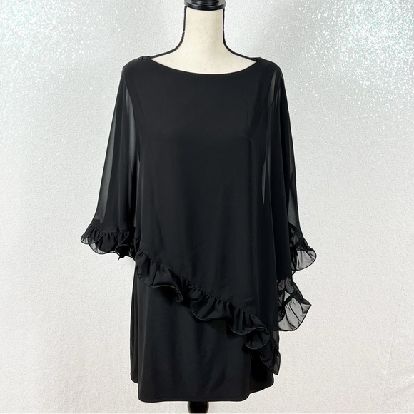 XSCAPE Black Ruffle edge sheer cape mini dress . - Picture 10 of 13